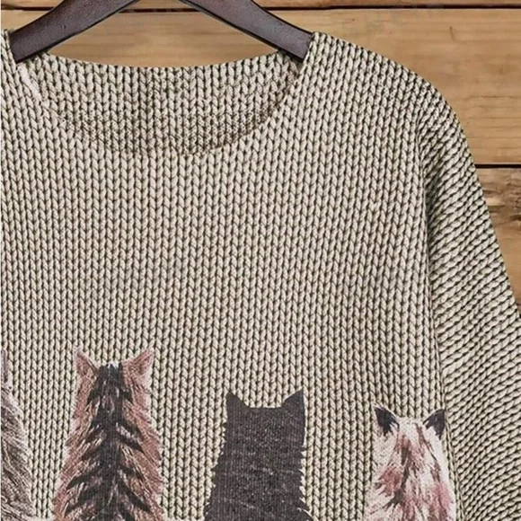 Cat Pattern Round Neck Long Sleeve Casual Pullover Sweater, Autumn/Winter - Picture 2 of 4